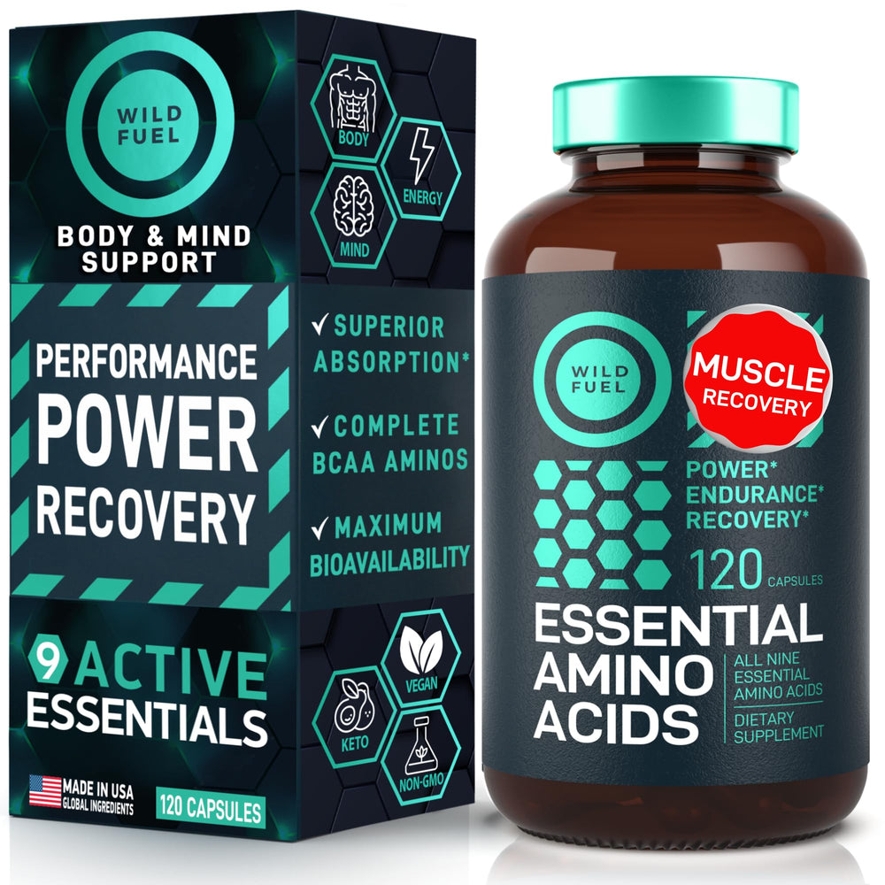 Bottle of Essential Amino Acids supplement with BCAAs and EAAs