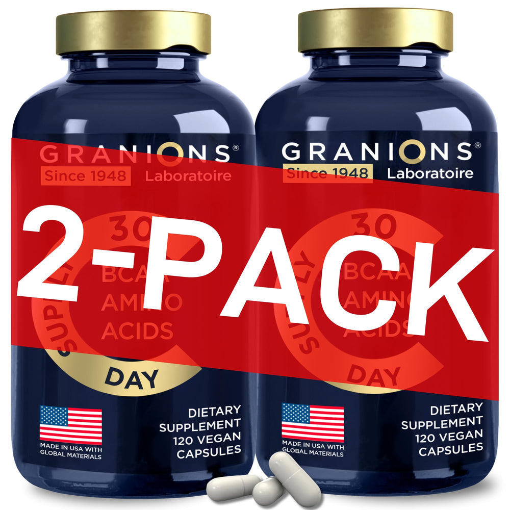 Bottle of vegan essential amino acids capsules