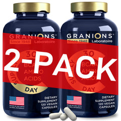 Bottle of vegan essential amino acids capsules