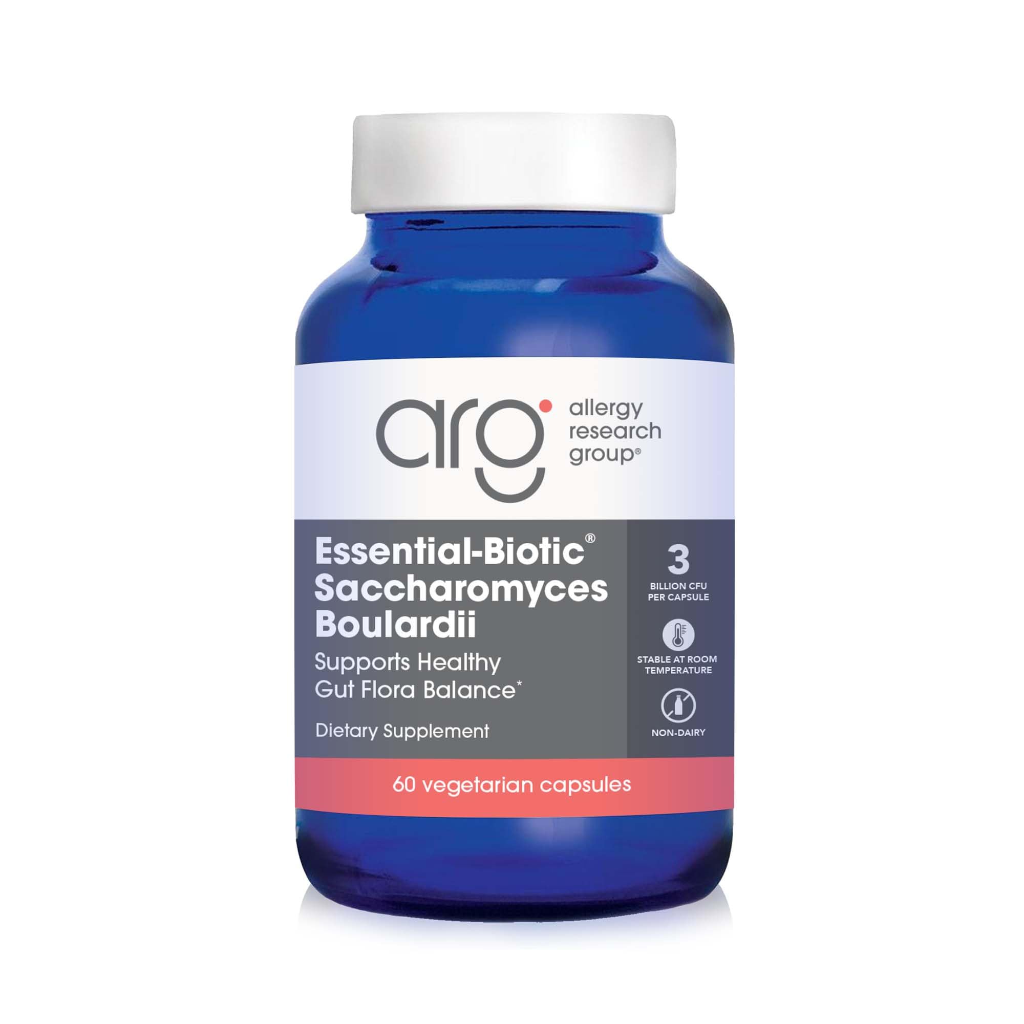 Bottle labeled Allergy Research Group Essential-Biotic Saccharomyces boulardii 450 mg probiotic