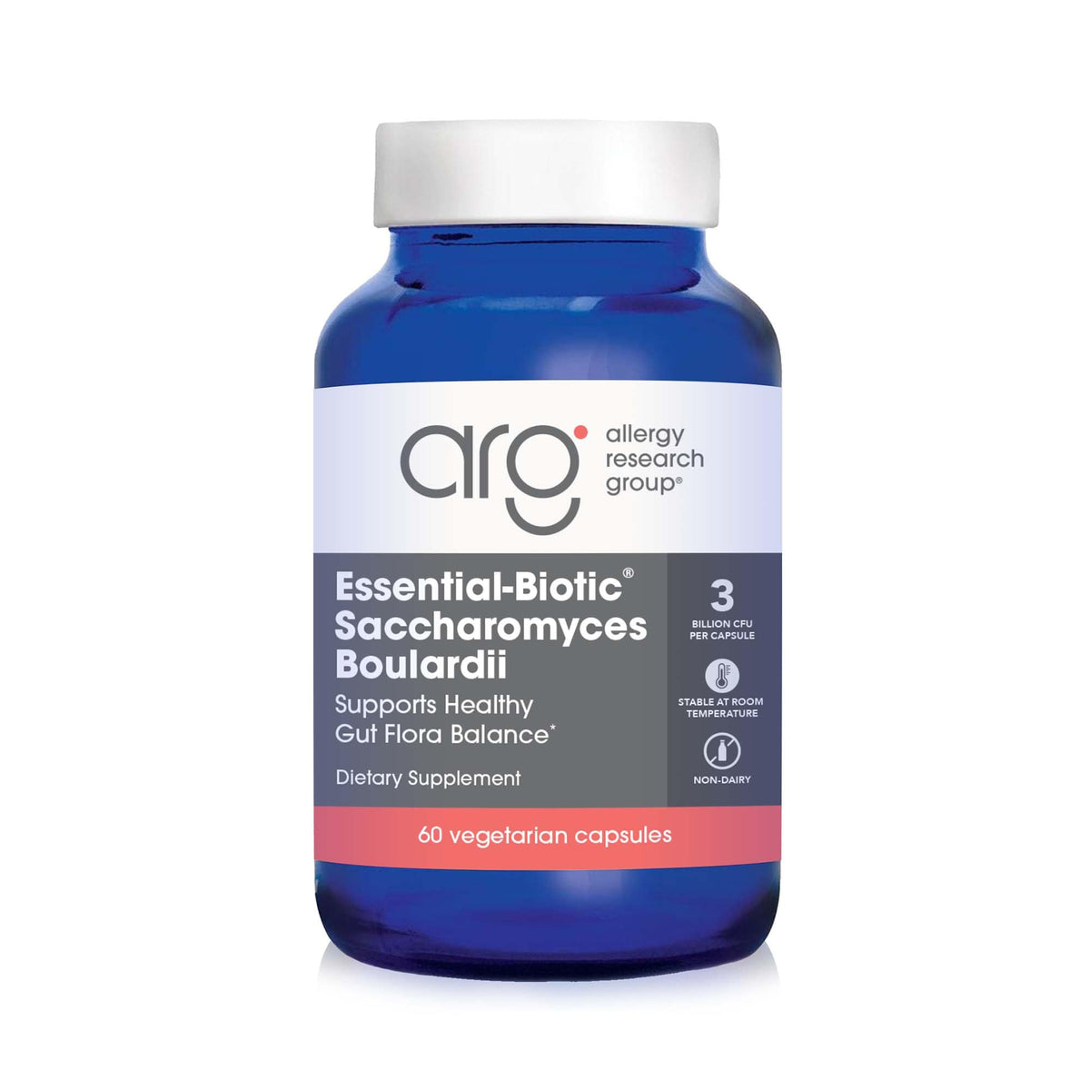 Bottle labeled Allergy Research Group Essential-Biotic Saccharomyces boulardii 450 mg probiotic