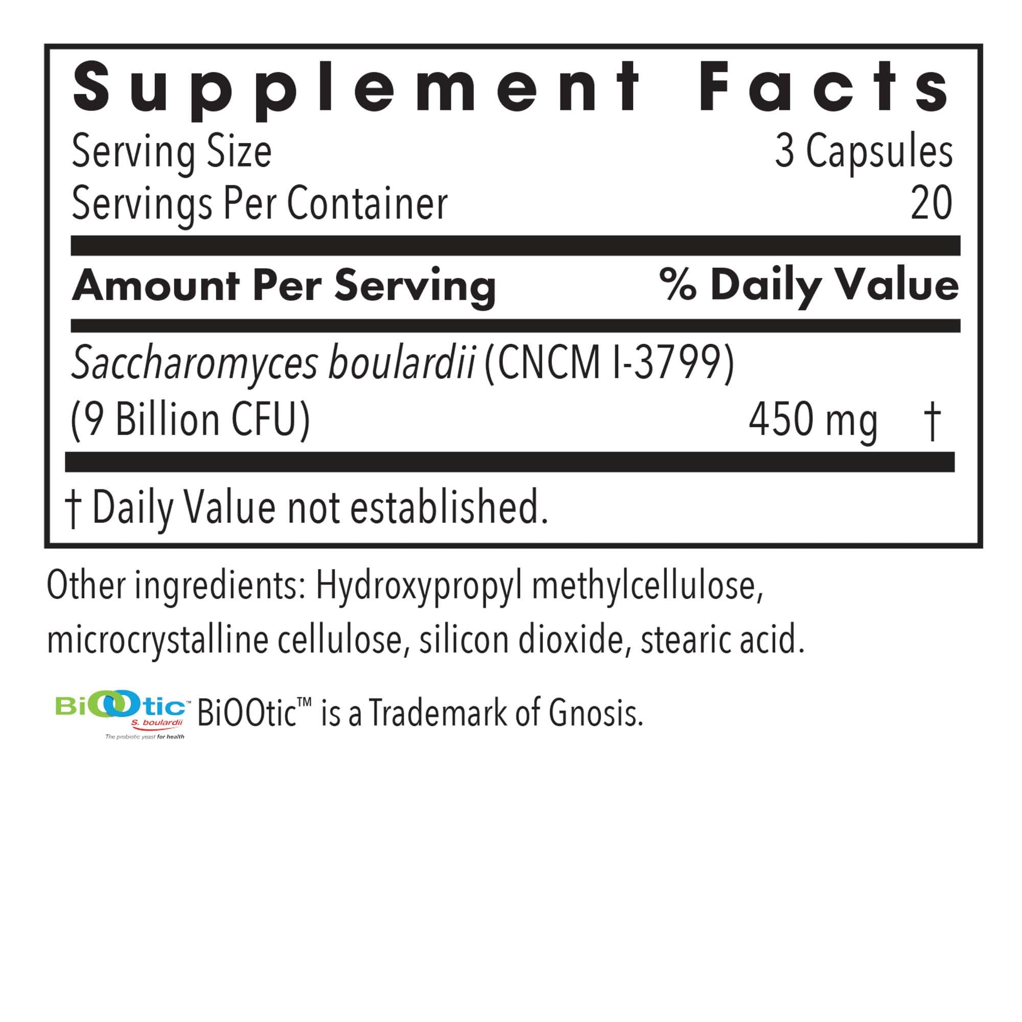 Supplement facts panel for Essential-Biotic Saccharomyces boulardii