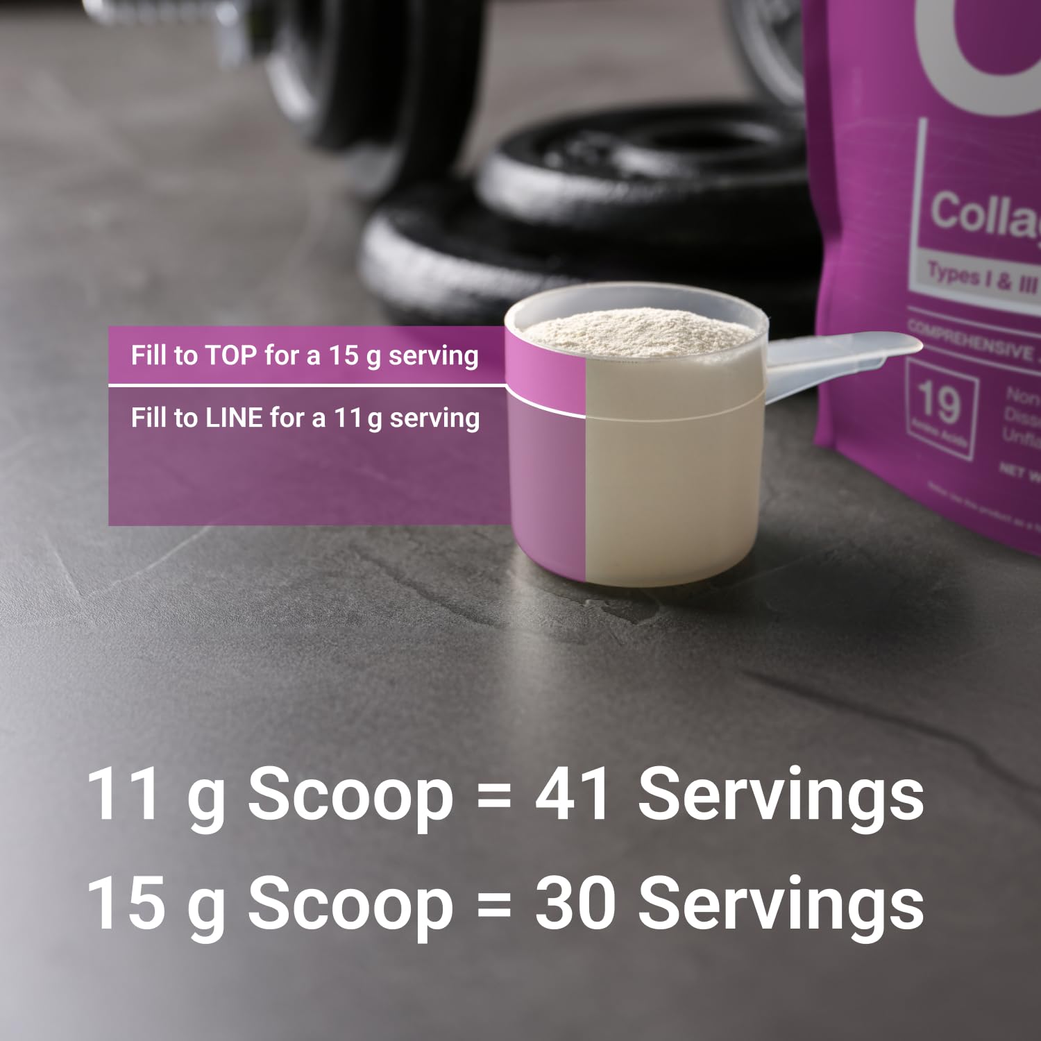 Pouring collagen powder into smoothie
