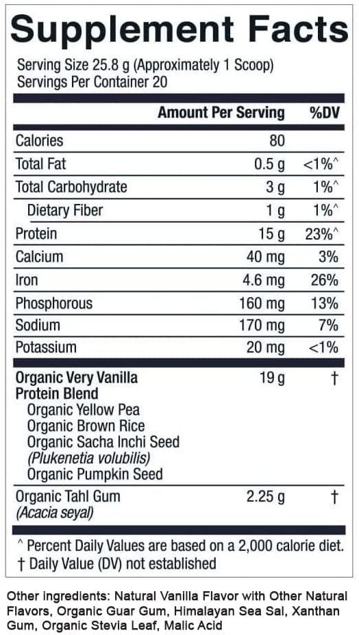 Scoop of powder beside measuring spoon for Essential Elements Pea Protein Powder - Very Vanilla