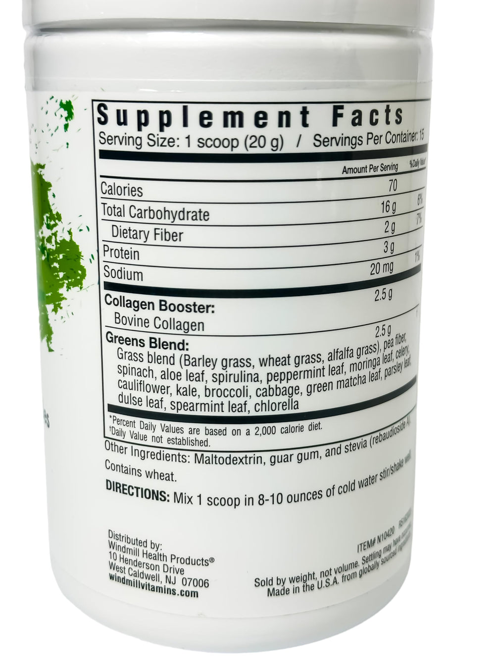 Close-up of Organic Beauty Greens ingredients: wheat grass, barley, spirulina, kale, alfalfa