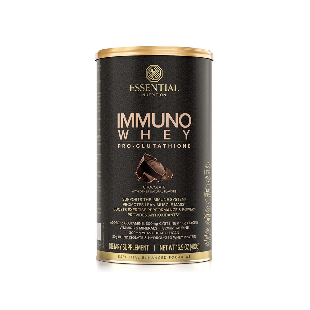 Essential Nutrition Immuno Whey front tub in chocolate, immune-supporting protein