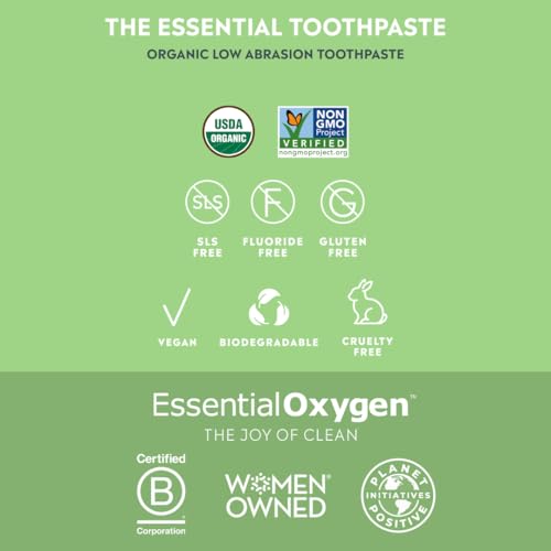 Back view showing ingredients and packaging for Essential Oxygen toothpaste pack