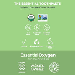 Back view showing ingredients and packaging for Essential Oxygen toothpaste pack