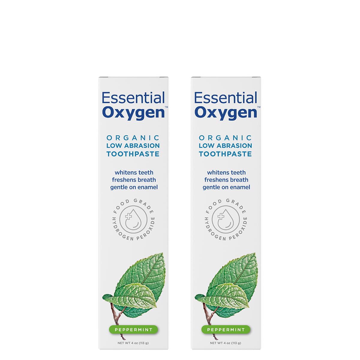Front view of two 4 oz peppermint Essential Oxygen BR organic toothpaste tubes