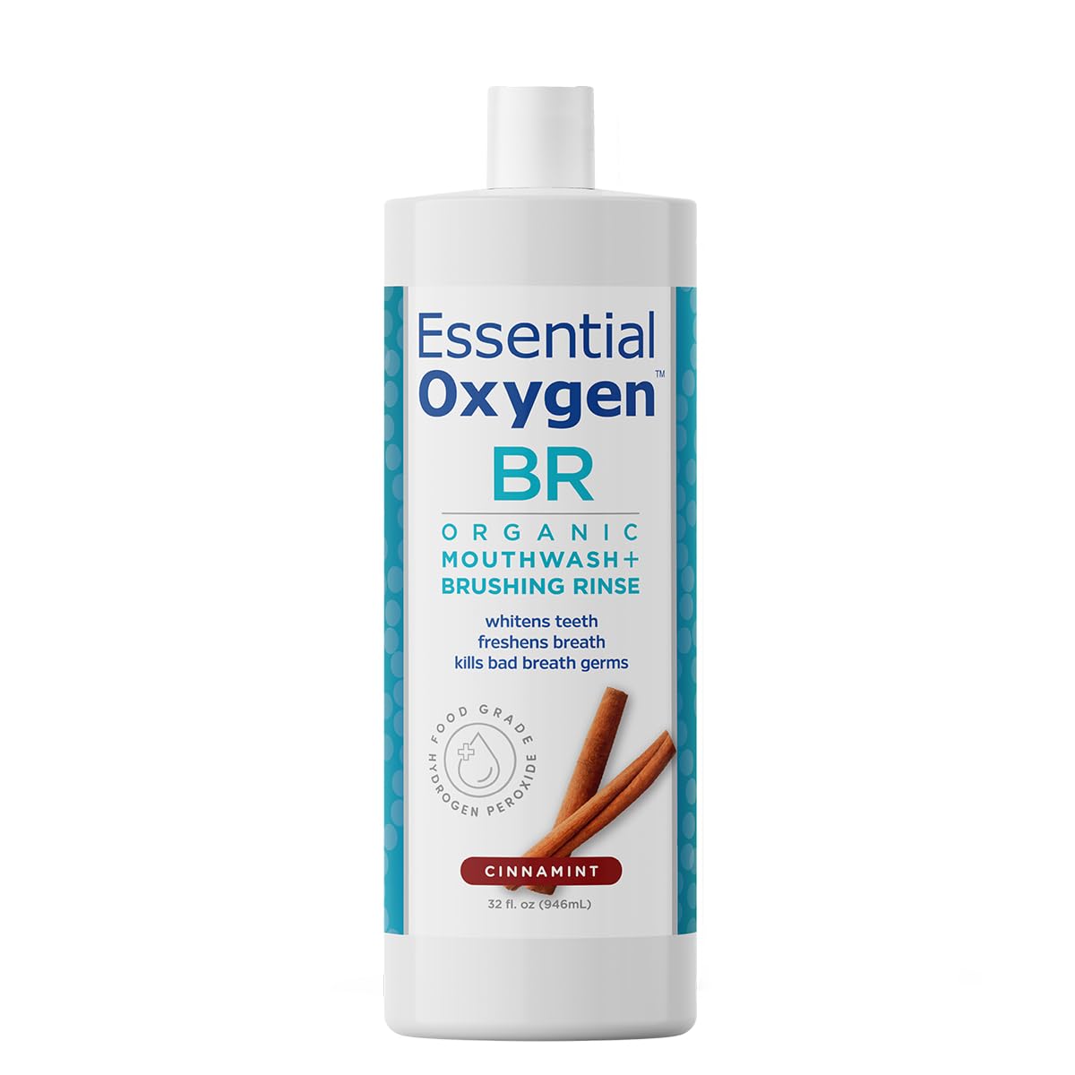 Essential Oxygen BR Organic Cinnamint Mouthwash bottle front view, 32 fl oz