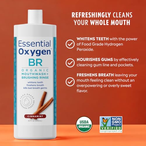 Close-up of Essential Oxygen Cinnamint Mouthwash label showing hydrogen peroxide and aloe vera