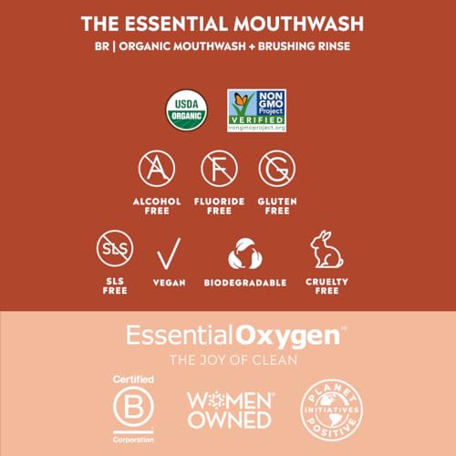Mouthwash bottle with packaging for Essential Oxygen BR Organic Cinnamint