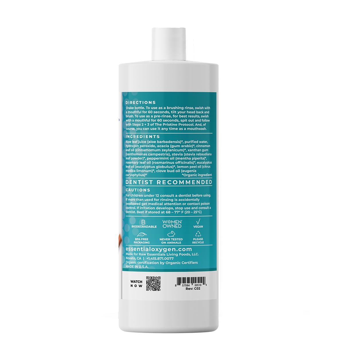 Eco-friendly BPA-free packaging and vegan branding for Essential Oxygen mouthwash
