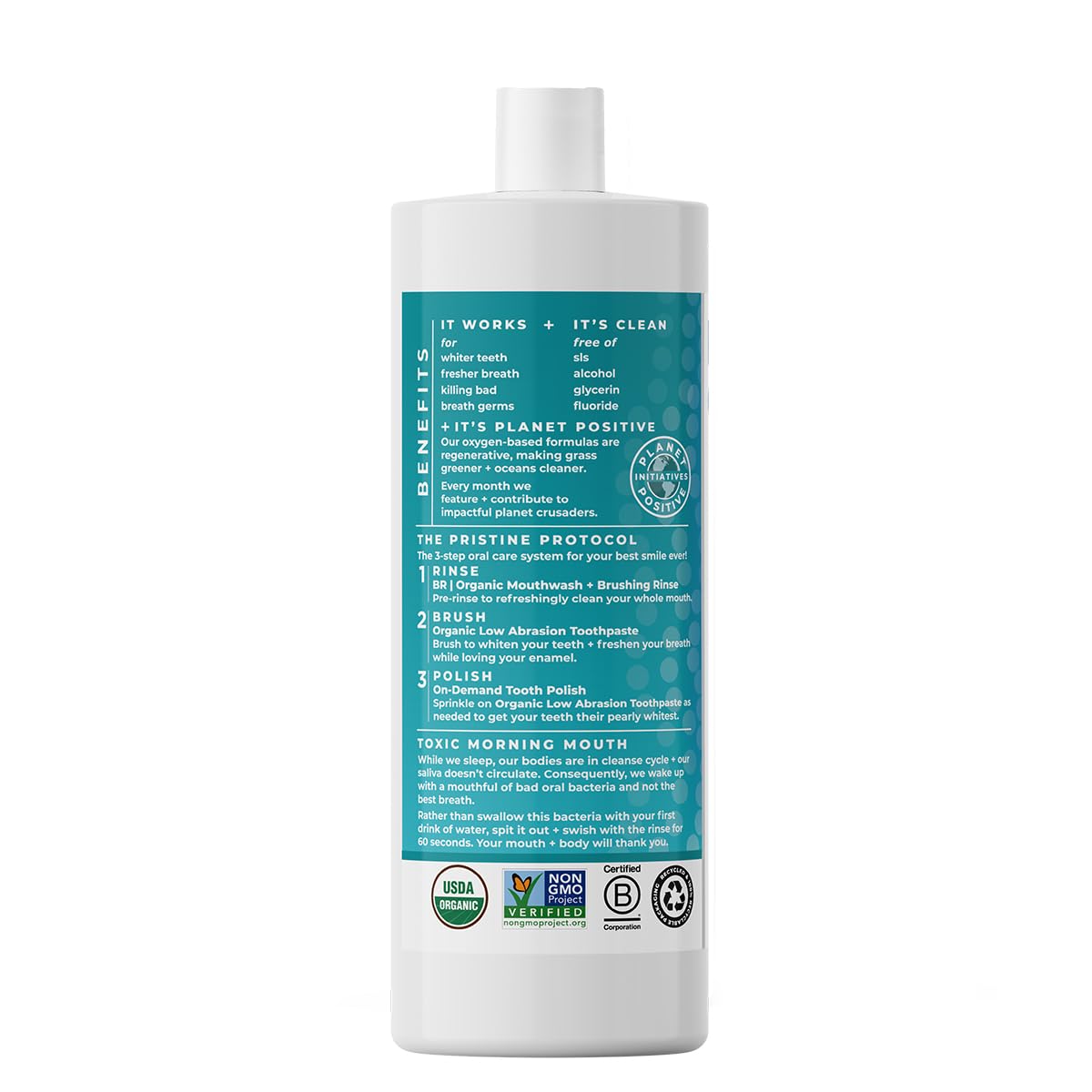 Recyclable and biodegradable packaging for Essential Oxygen BR Organic Brushing Rinse
