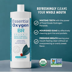 Back label detailing ingredients for Essential Oxygen BR Organic Brushing Rinse 32 oz