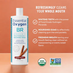 Close-up of Essential Oxygen Cinnamint mouthwash label