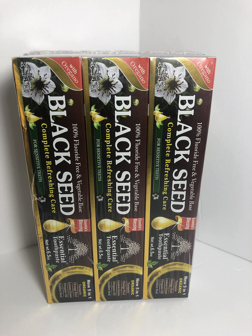 Outer packaging for Essential Palace Organic Black Seed Toothpaste 6-pack (6.5oz each)