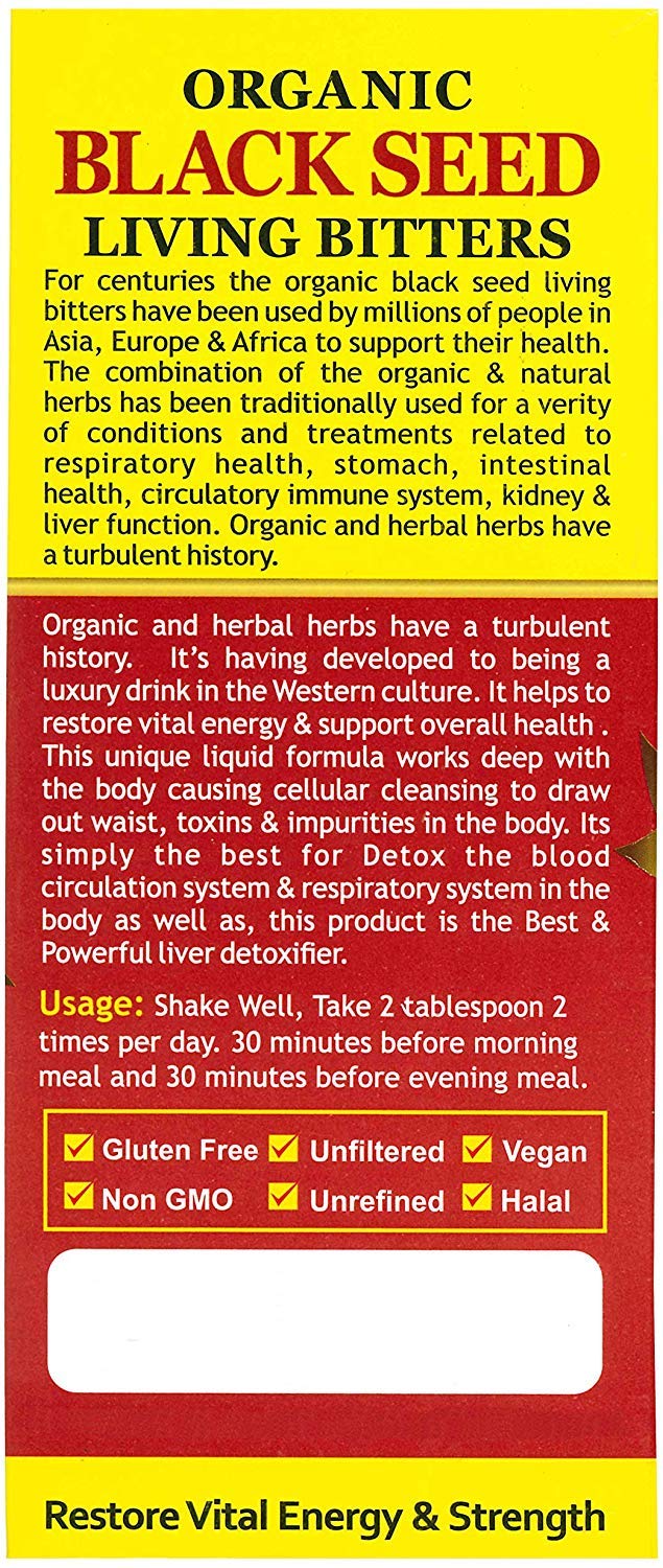 Label close-up: Essential Palace Organic Black Seed Detox Living Bitters 16 oz