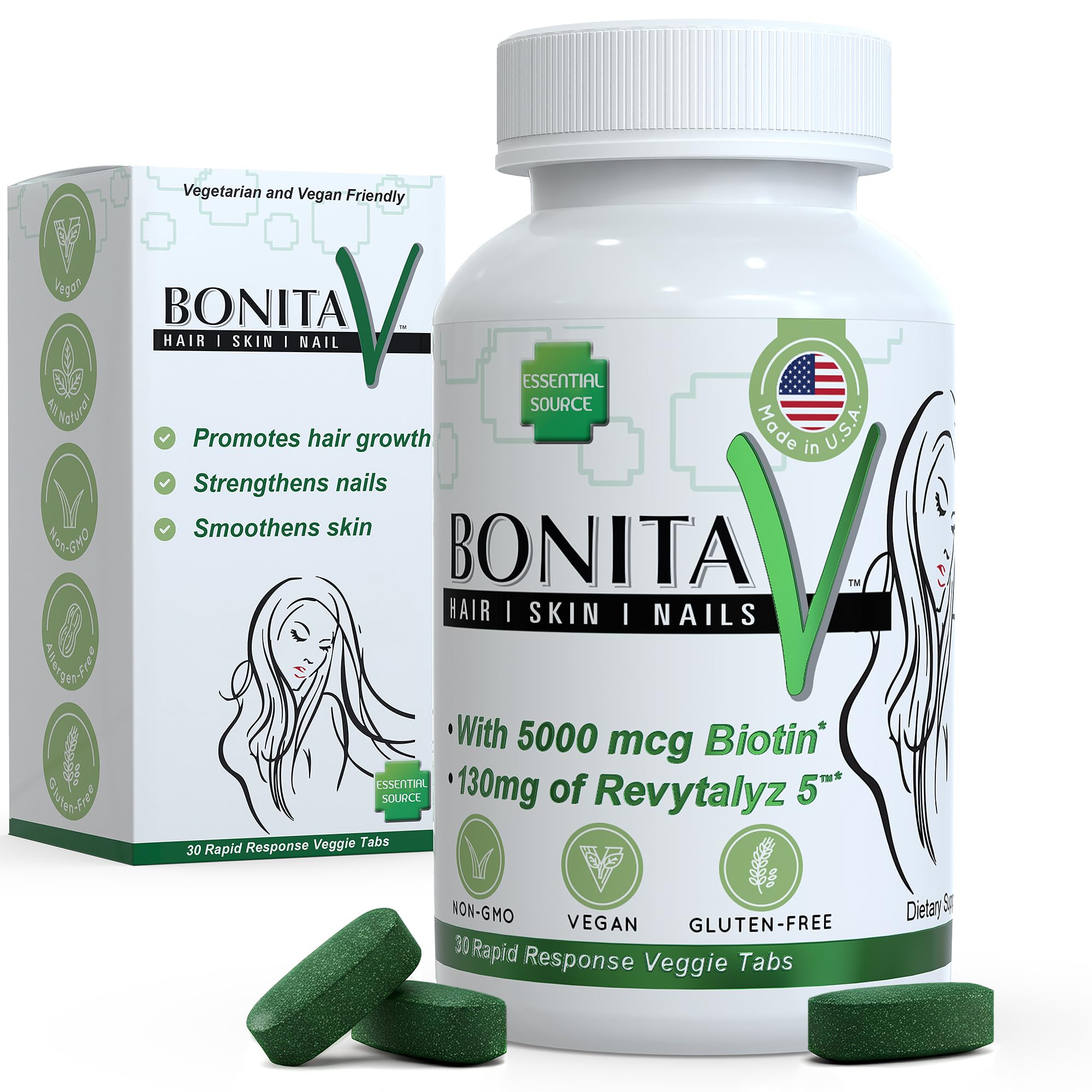 Front view of Essential Source Biotin bottle label