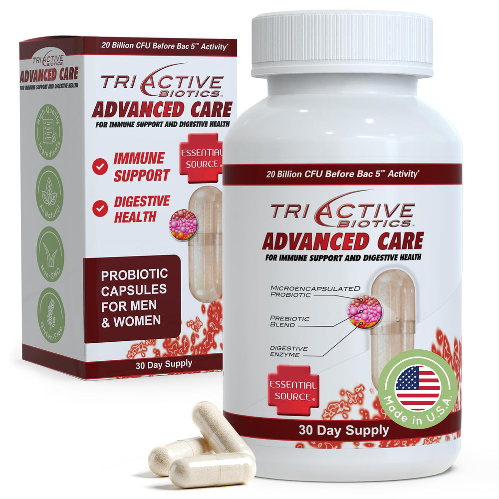 Front view of Essential Source TriActive Biotics Advanced Care bottle with 30 capsules
