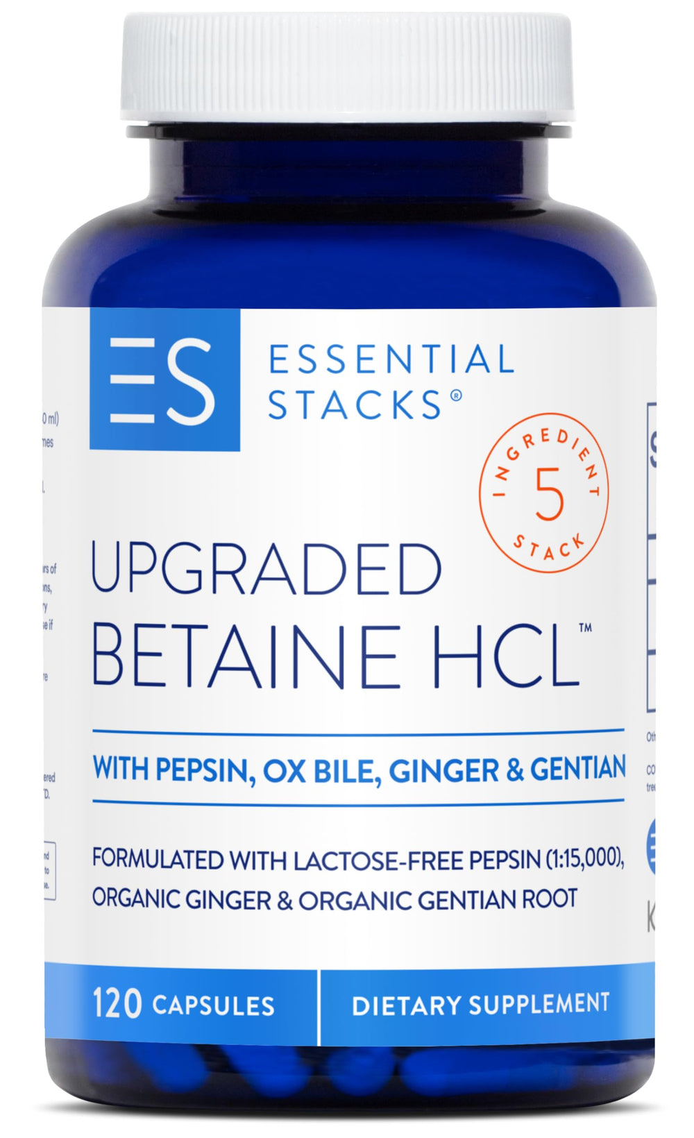 Bottle of Essential Stacks Betaine HCl with Pepsin - 120 capsules