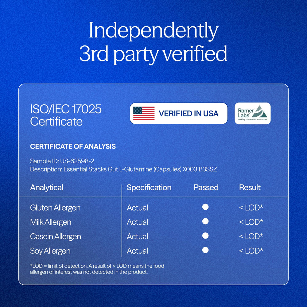 Essential Stacks branding on L-Glutamine packaging