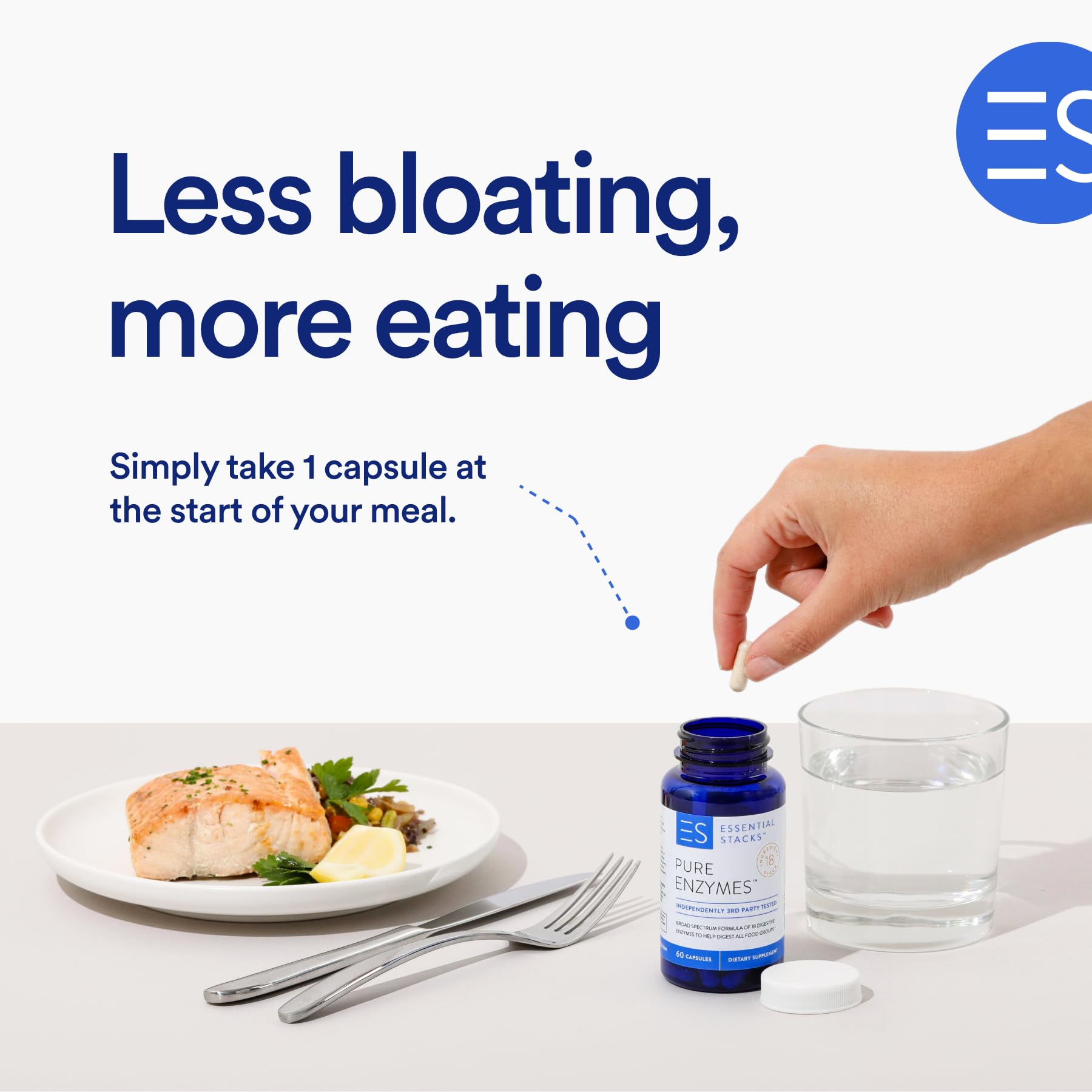 Essential Stacks digestive enzymes bottle and packaging