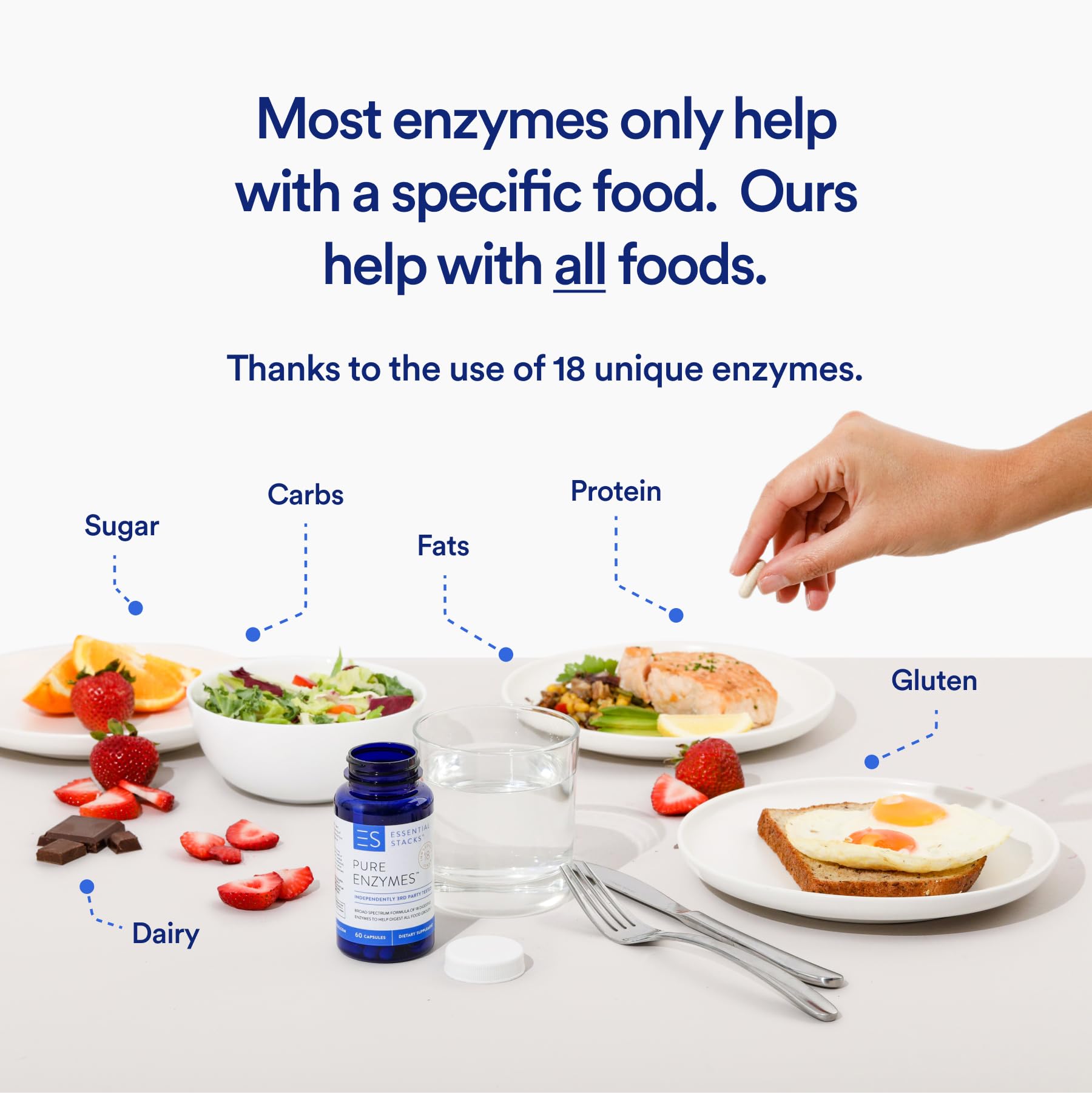 Plant-based enzyme capsules arranged on white background