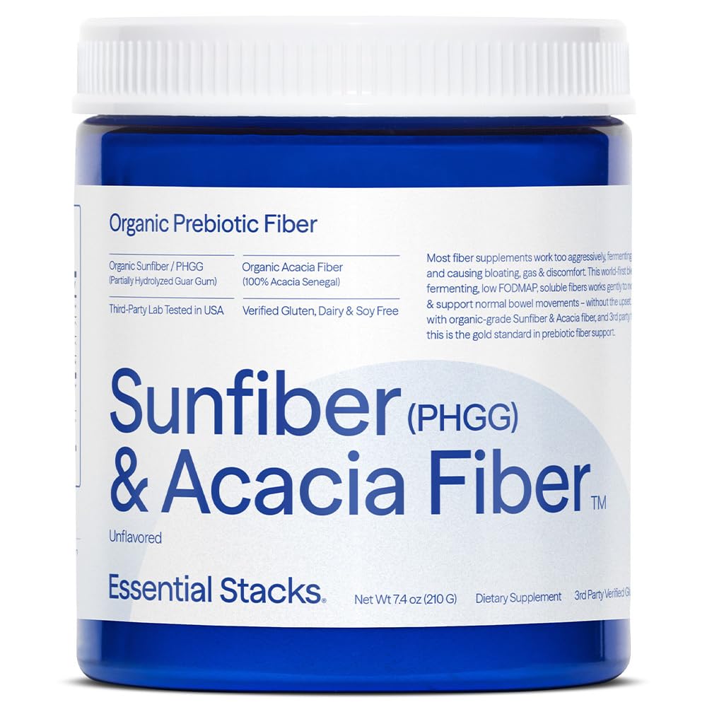 Essential Stacks Sunfiber PHGG and Acacia fiber prebiotic powder packaging