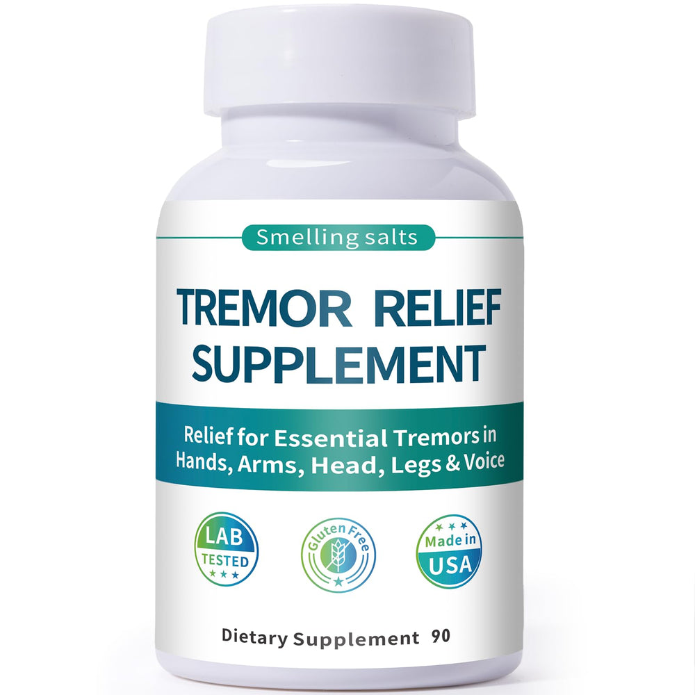 Bottle of Essential Tremor Relief Supplement with herbal ingredients