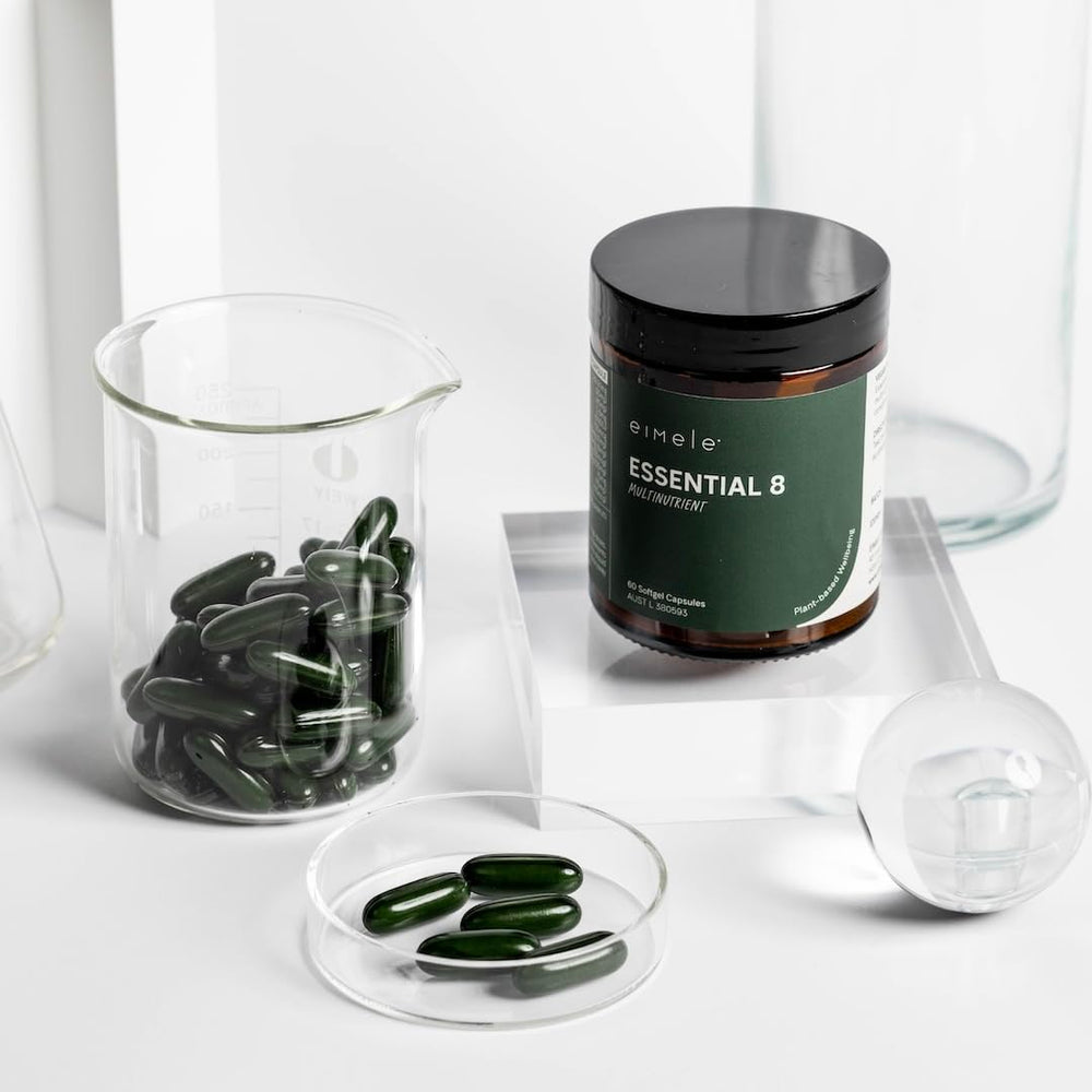 Essential 8 packaging box and bottle