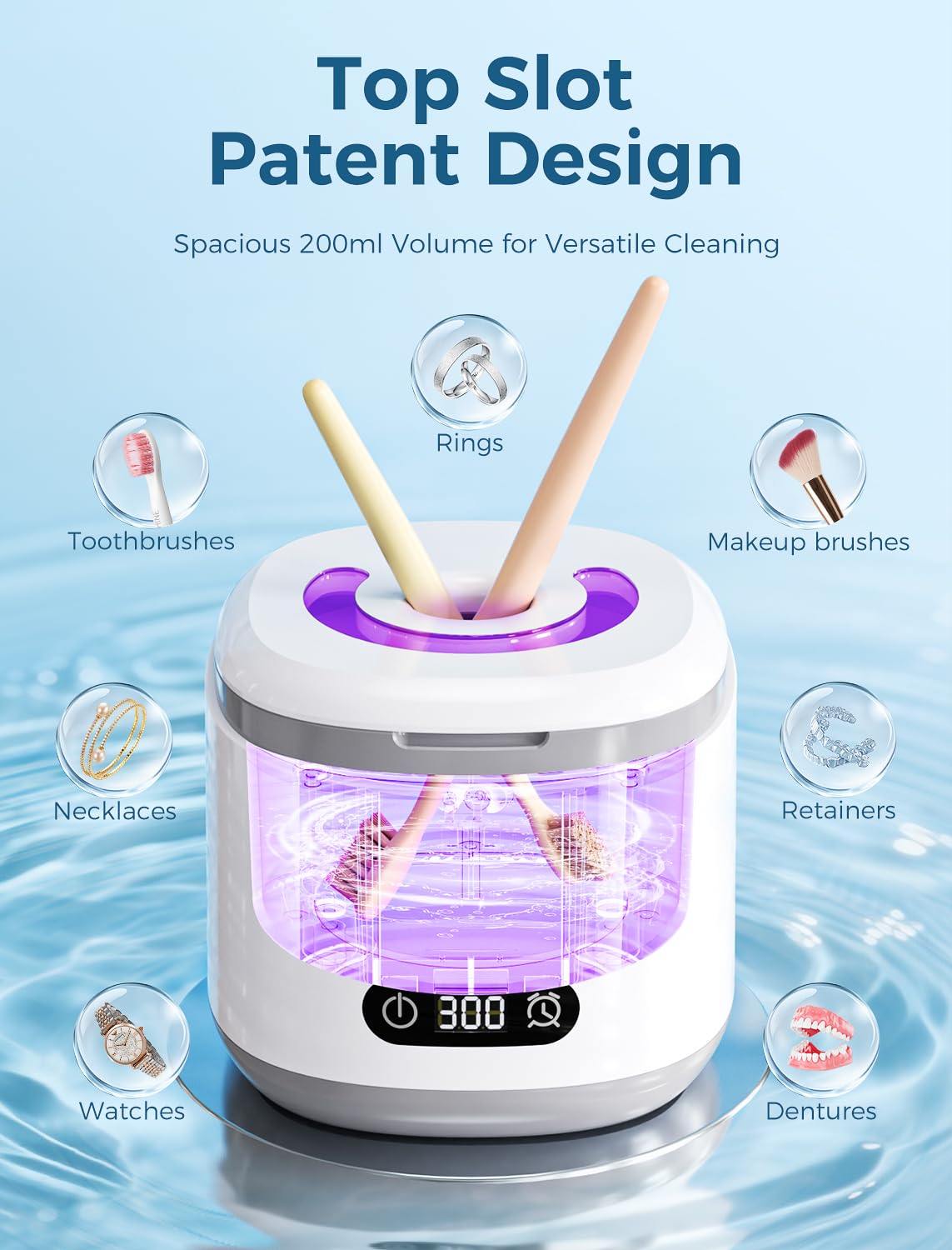 Retainer, dentures, and aligners being cleaned in the device