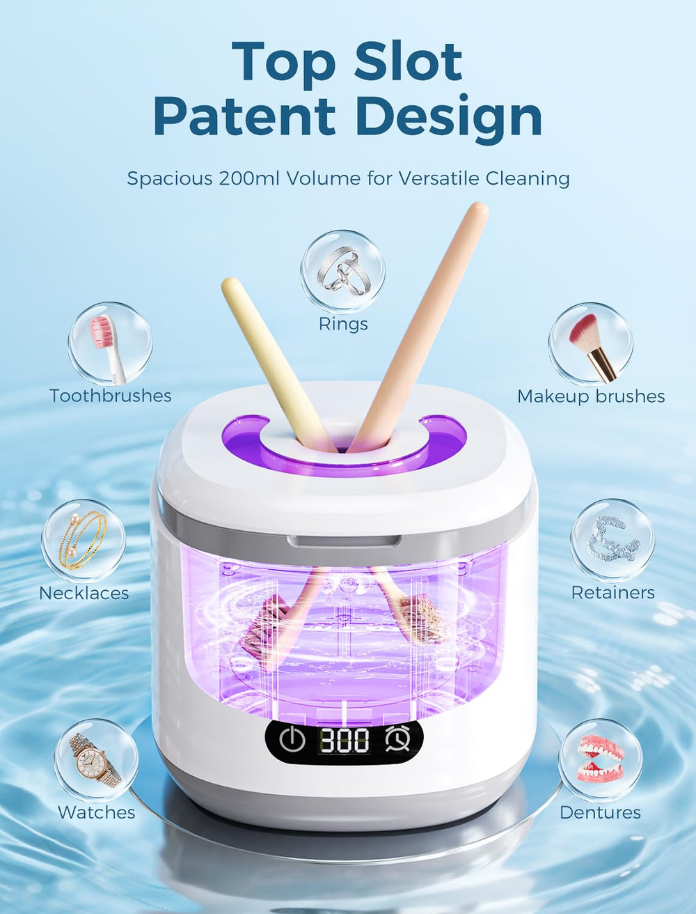 Retainer, dentures, and aligners being cleaned in the device