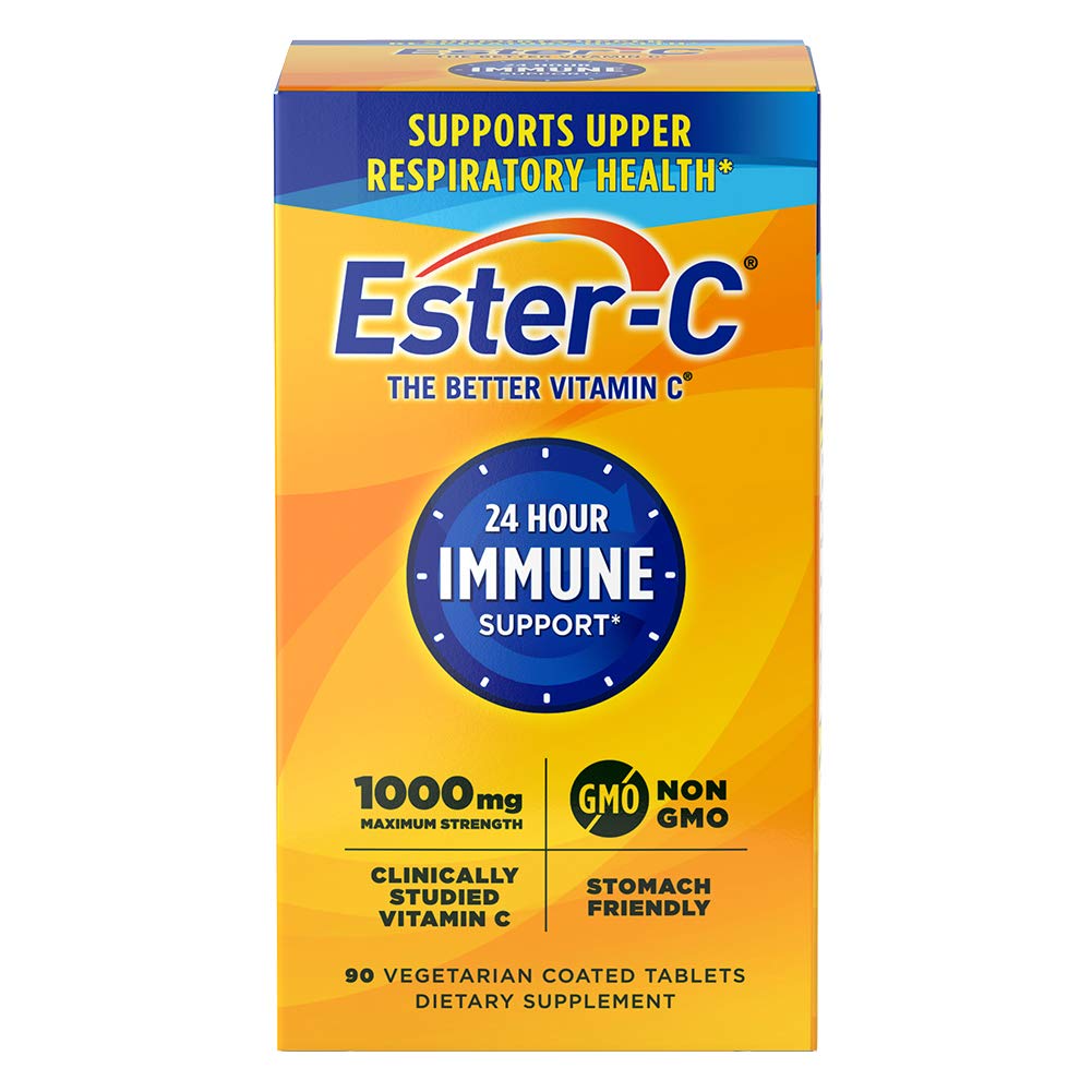Ester-C 1000 mg bottle front view, non-acidic formula for stomach-friendly daily use.