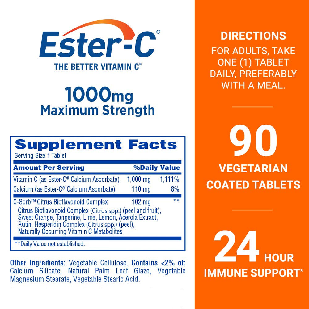 Ester-C 1000 mg bottle side angle, shows compact, easy-to-swallow coating.