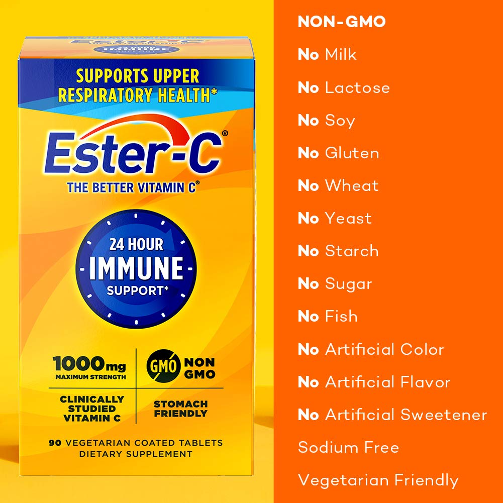 Ester-C 1000 mg tablets close-up, coated for gentle ingestion.