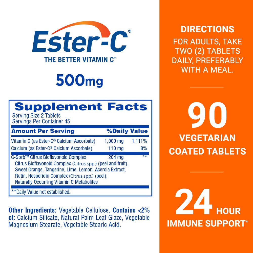 Ester-C 500 mg 24 Hour Vitamin C packaging box showing 90 count