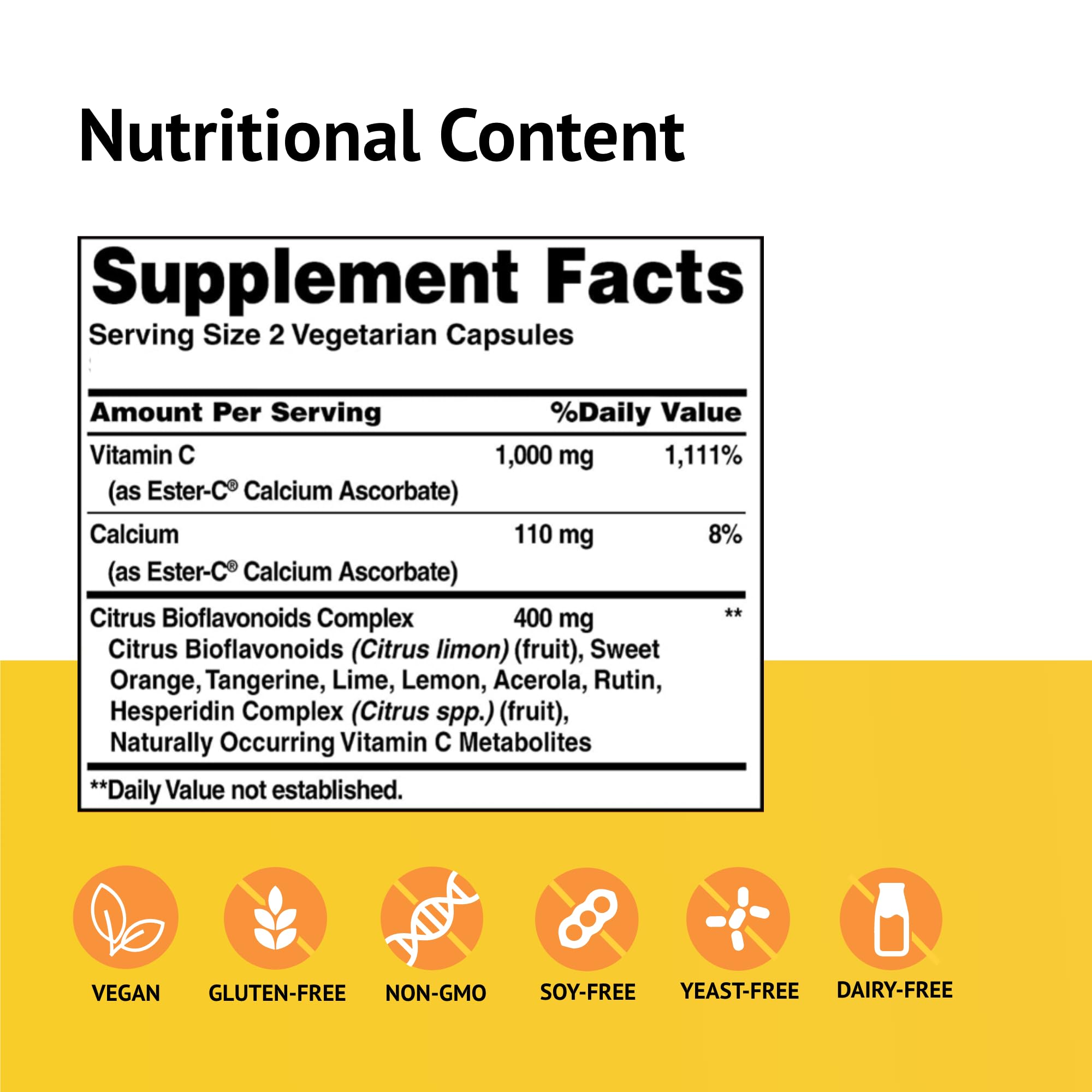Ester-C vitamin C with citrus bioflavonoids – Non-GMO, vegan, gluten-free label