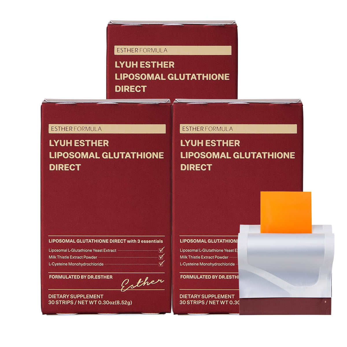 Front packaging of ESTHER FORMULA Liposomal Glutathione Direct 3packs