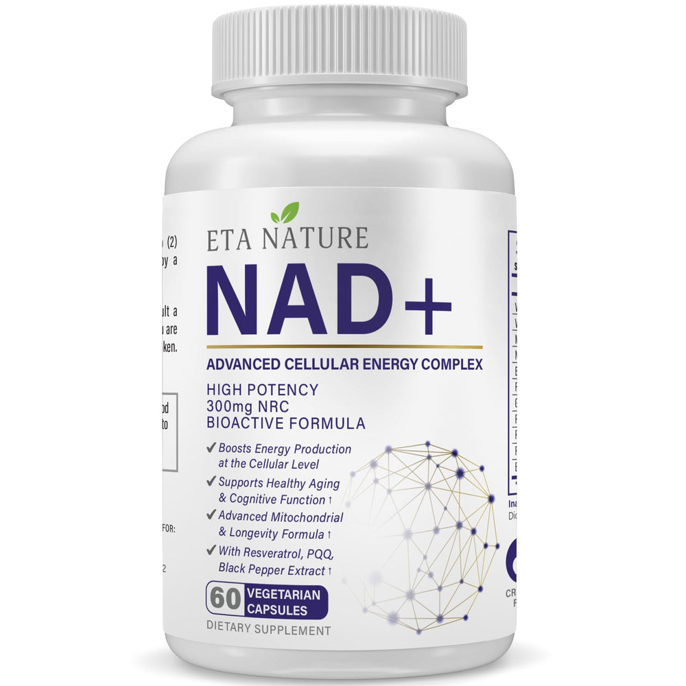 ETANATURE NAD+ bottle close-up showing compact capsules for steady energy support