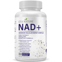 ETANATURE NAD+ bottle close-up showing compact capsules for steady energy support