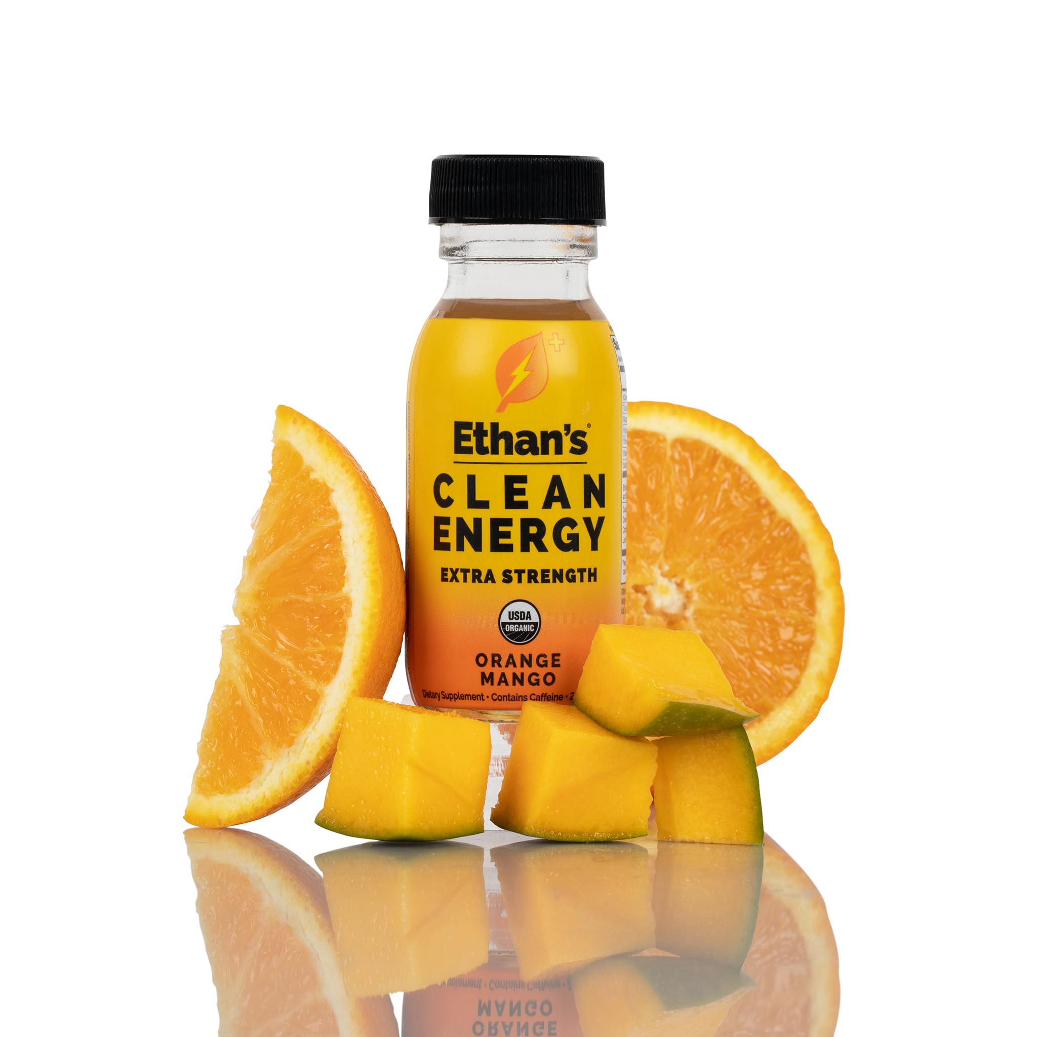 Close-up of the Orange Mango energy shot label from Ethan's Organic