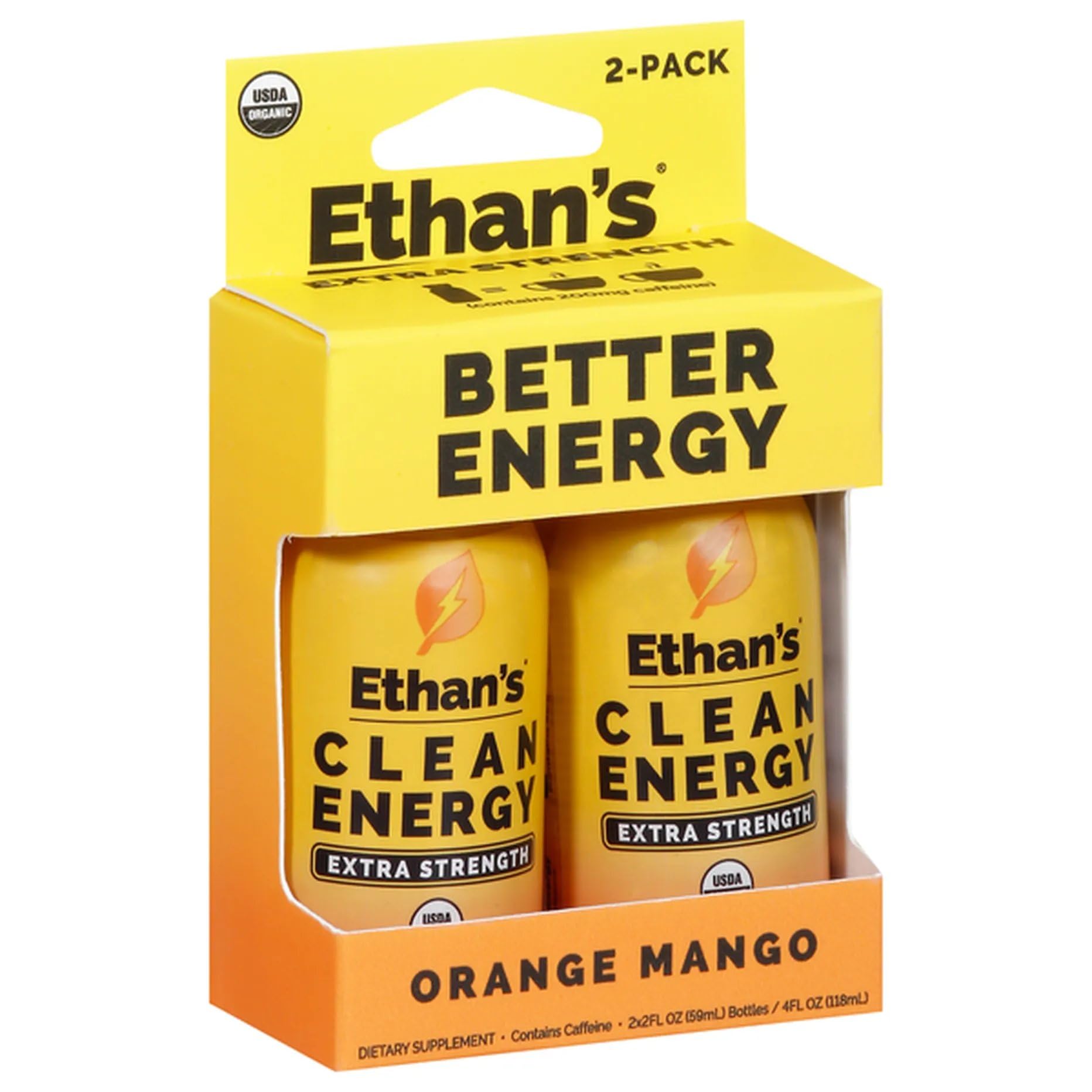 Front view of Ethan's Organic Energy Shots Orange Mango 2oz bottle, 2-pack
