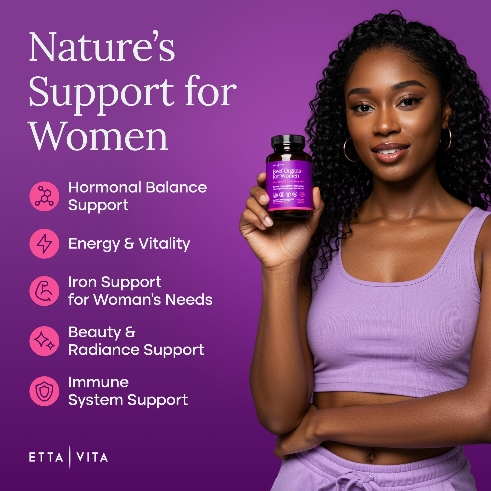 Etta Vita Primal Herbal Blend capsules indicate energy support and hormone balance potential