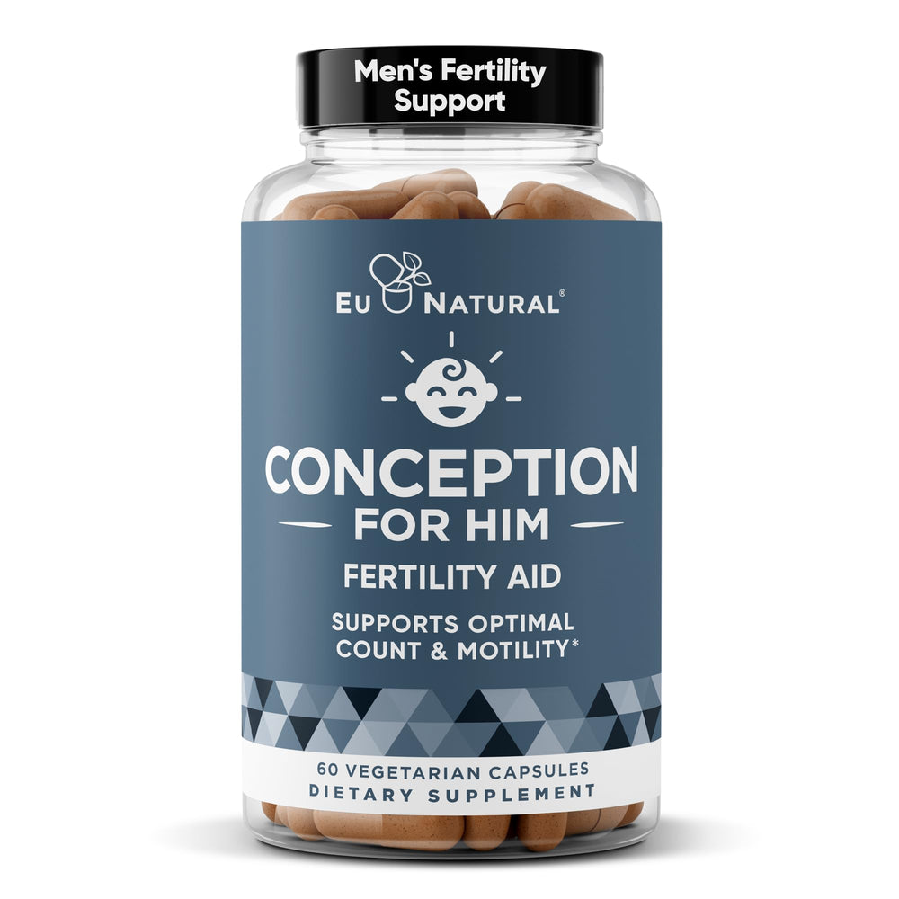 Eu Natural Conception For Him bottle front showing vegan capsules for daily male fertility support