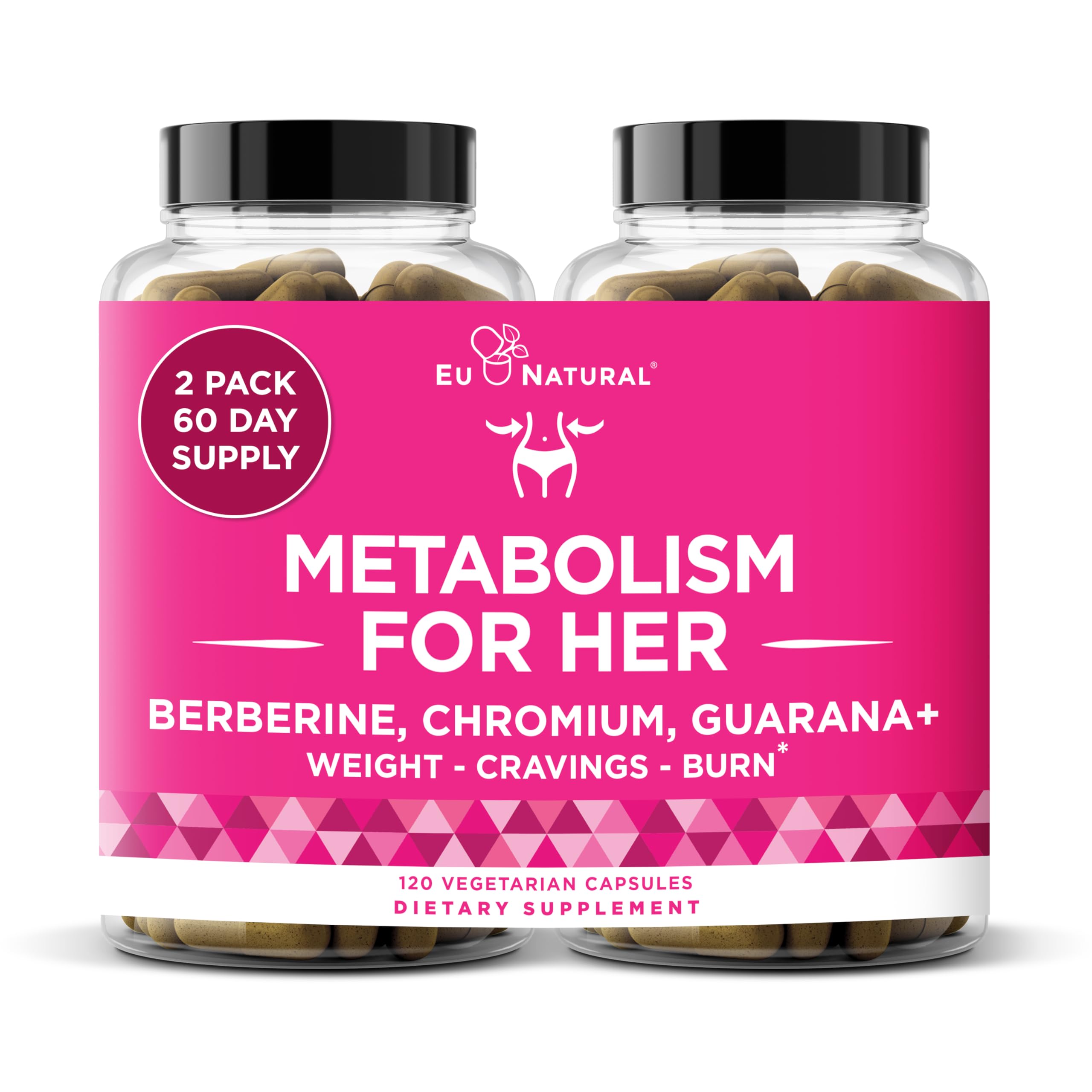 Eu Natural Metabolism for Her bottle front with 120 vegan capsules for appetite support.