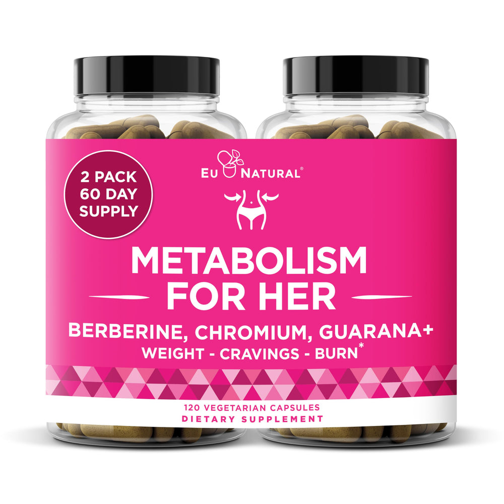 Eu Natural Metabolism for Her bottle front with 120 vegan capsules for appetite support.