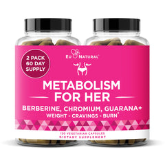 Eu Natural Metabolism for Her bottle front with 120 vegan capsules for appetite support.