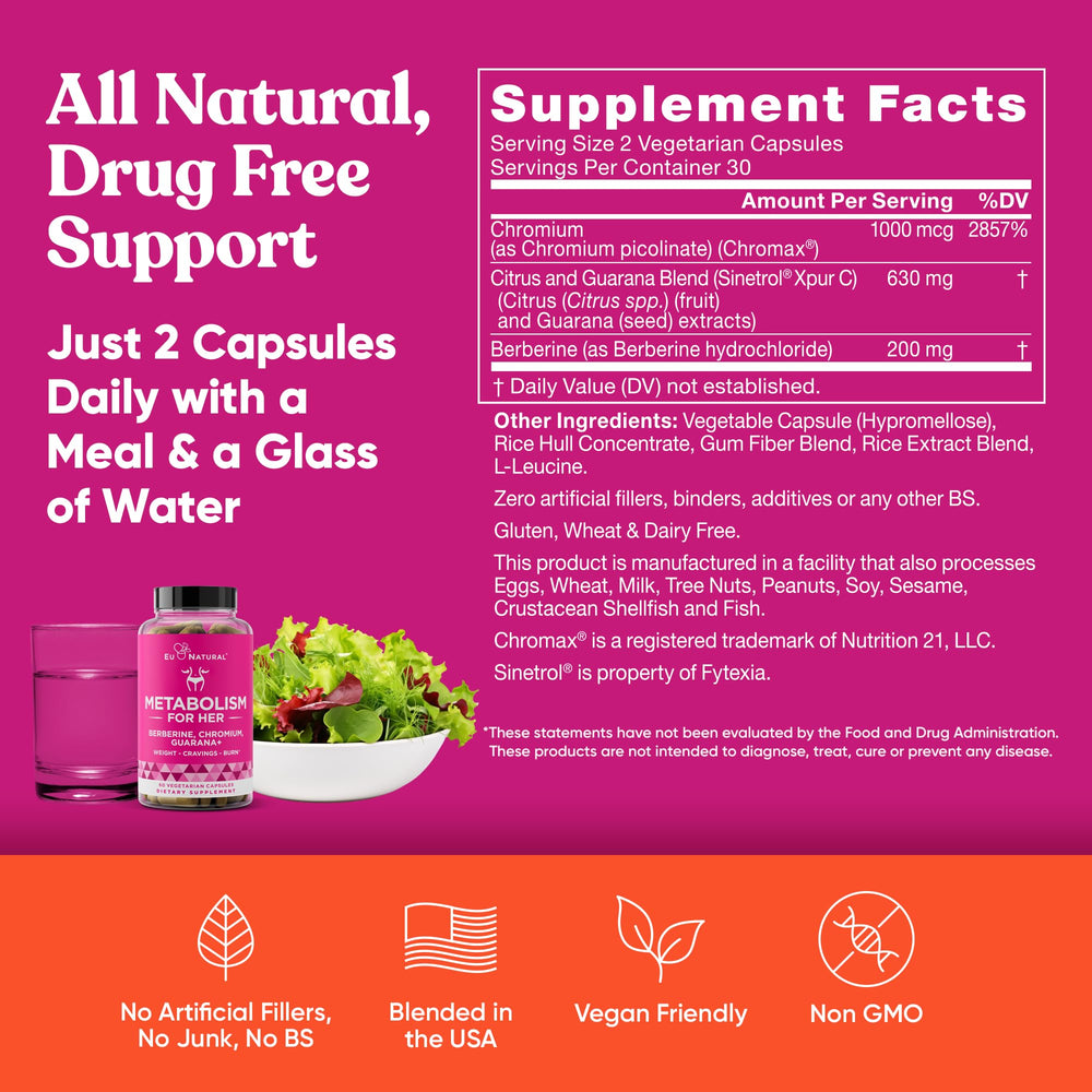 Eu Natural Metabolism for Her diet-friendly label communicates gluten, dairy, and wheat-free formulation.