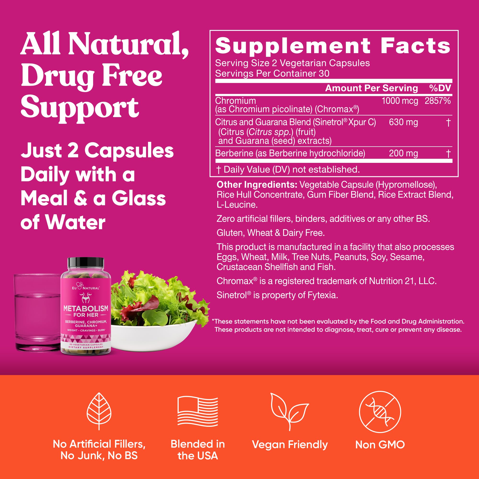 Eu Natural Metabolism for Her diet-friendly label communicates gluten, dairy, and wheat-free formulation.